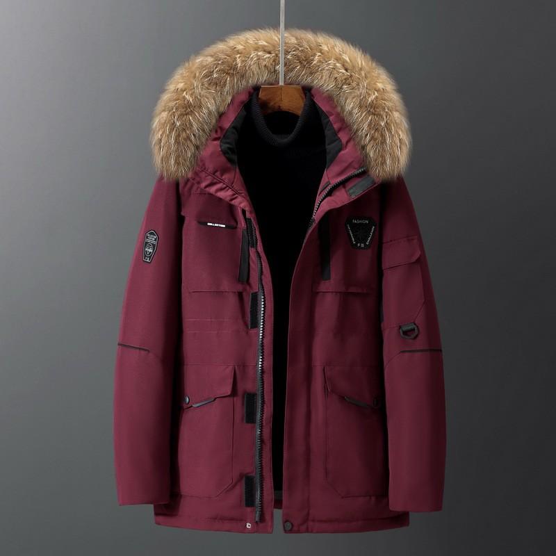 Mens Winter Short To Mid-Length Hooded Down Jacket Warm Outdoor Parka With Detail Black White Red