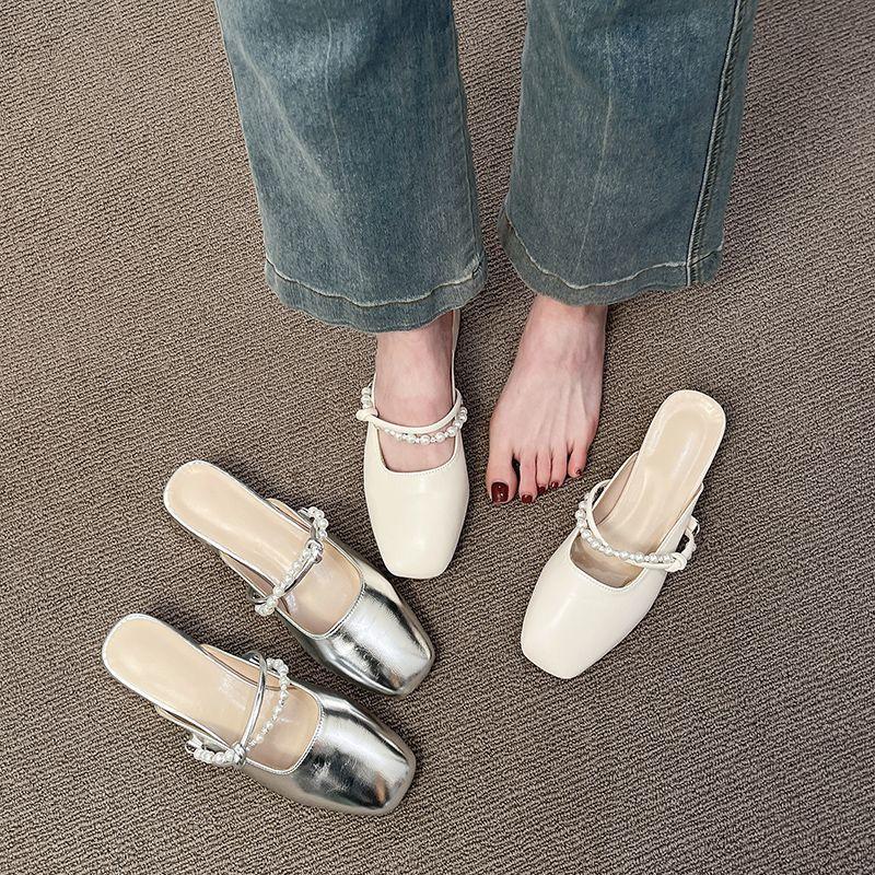 2025 Spring and Summer New French Bag Head Half Slippers Women's Outer Wear Square Head High Heels Thick Heel Gentle with Skirt Explosion