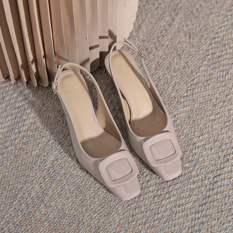 Fransk motepose hode sandaler damesommer 2025 nye firkantet hode tomme enkle sko ett-ords spenne med høye hæler stiletto