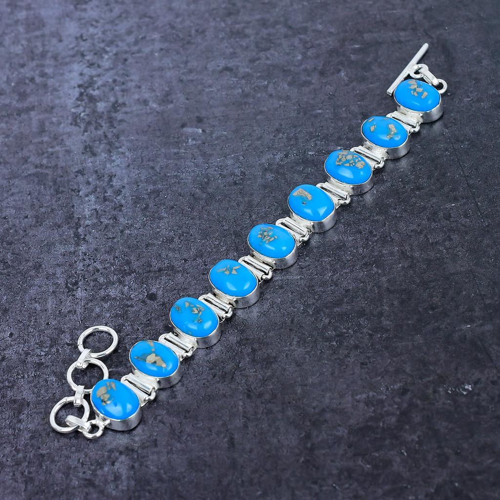 Natural Turquoise Gemstone Handmade 925 Sterling Silver Bracelet 7-8" W8z33