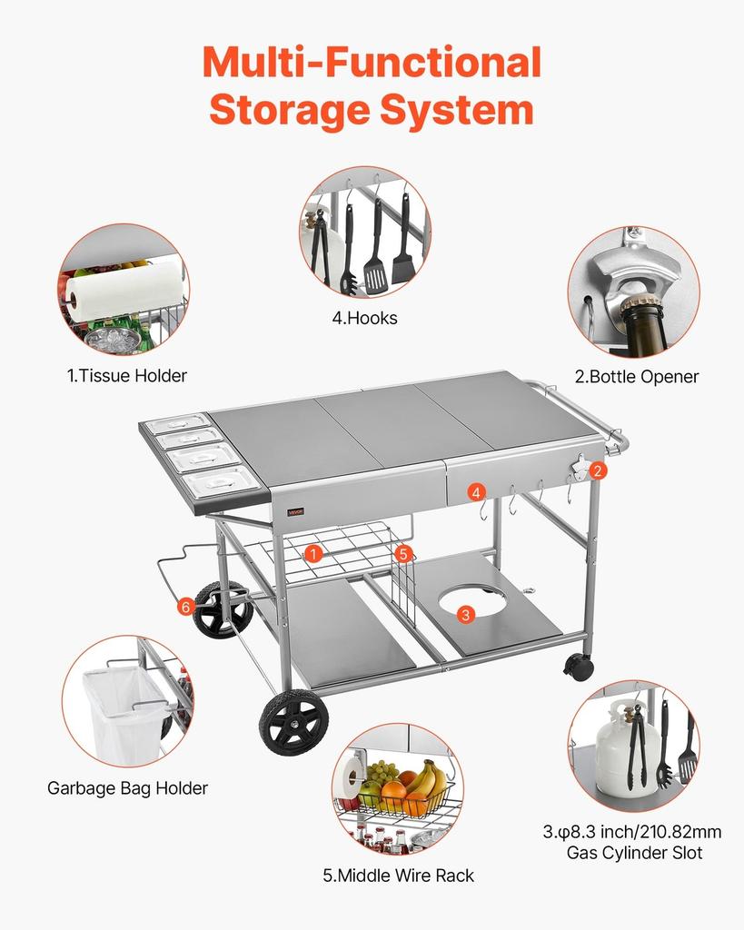 Outdoor Grill Cart, 925 x 595 x 25mm Tabletop Size Grilling Table, Movable Outdoor Cooking Table with 4 Spice Containers, Wheels, Lids, Hooks, BBQ