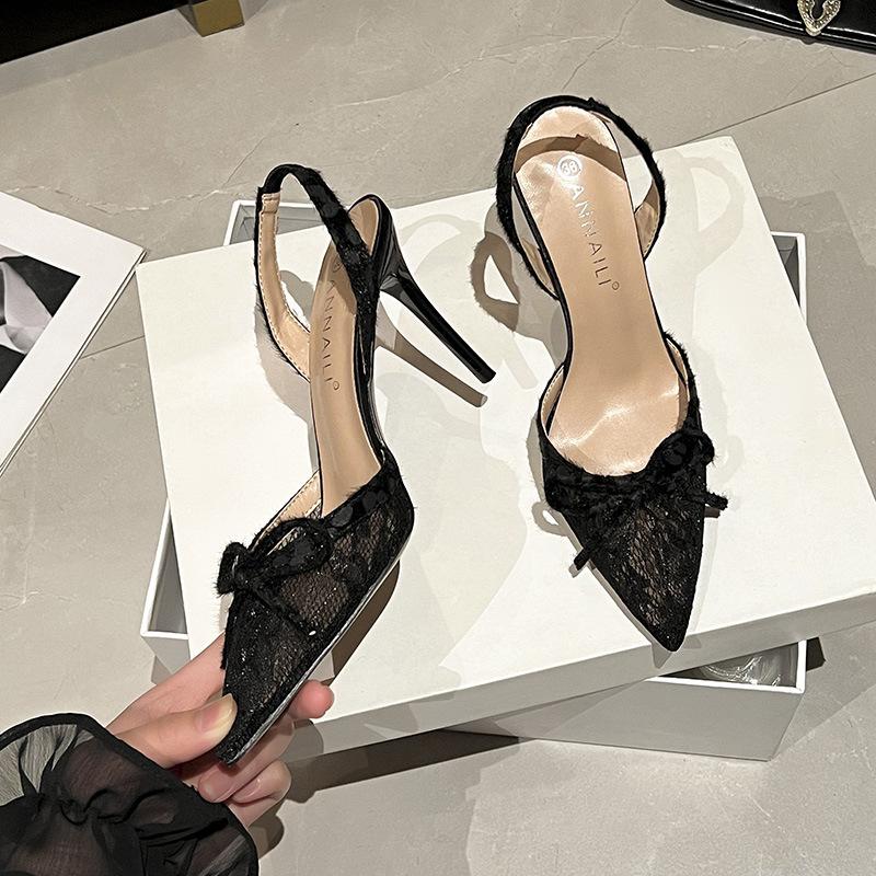 Fashion 2025 New Design Embroidered Lace Bow High Heels Pointed Thin Stiletto Sexy Women Vulcanized Sandals