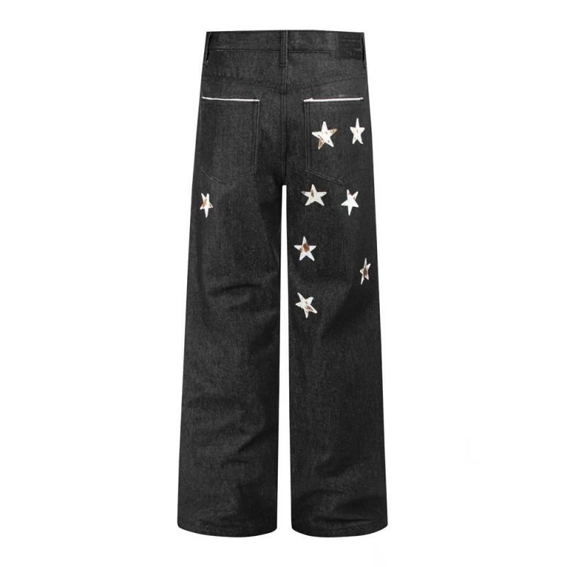 Mens Loose Straight Jeans Star Embroidery Streetwear Casual Denim Pants