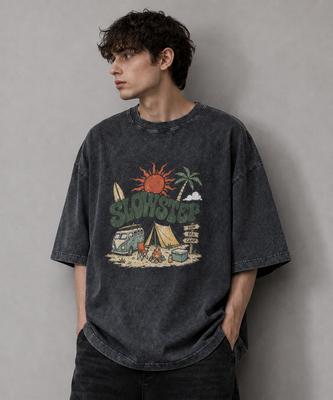 Seullouseuteb Sp2605 Vintage Camping Graphic Pigment Oversized Short Sleeve T-Shirt Black