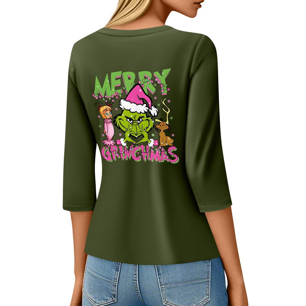3/4 Sleeve Tops For Women T-Shirt Casual Christmas Print Tops T Shirt Round Neck Pullover Blouse