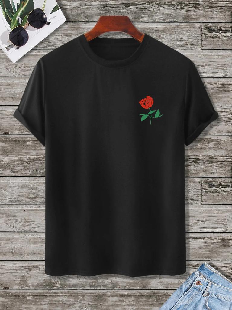 Rose Print T-Shirt for Men's Casual Crew Neck Short-Sleeve Fashion Summer T-Shirts Tops, Regular and Oversize Tees