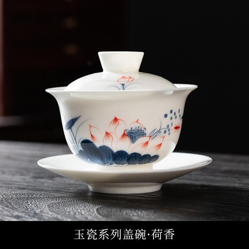 Hover Sancai Gaiwan Teacup Single Large Hand-Painted White Porcelain Tea Set Ceramic Anti-Scalding Tea Bowl