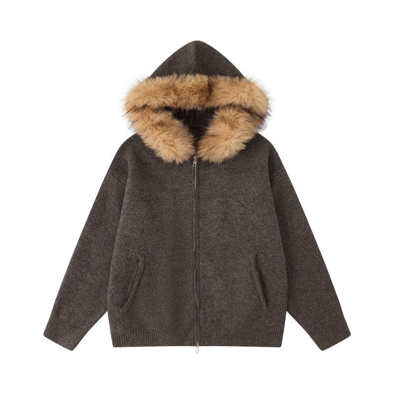 Dream Made American Style Detachable Fur Collar Hooded Cardigan Sweater Jacket Men's Autumn and Winter Couple Knitwear