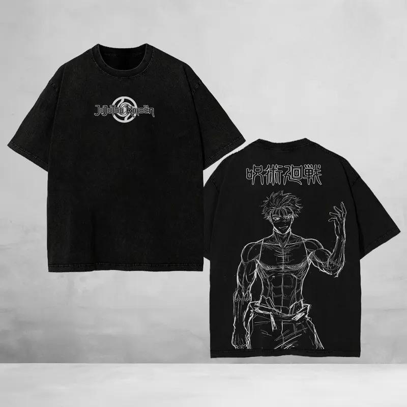

Футболка с принтом Годжо Сатору Аниме Магическая битва Одежда Мужская Женская Ретро Стиранные Футболки Повседневная Свободная Футболка Харадзюку Хлопковая Футболка XXL чёрный