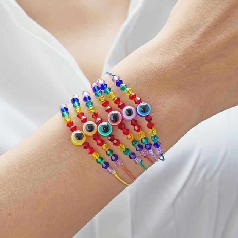 Handcrafted Rainbow Bead Bracelets Adjustable Size Knotted Rope Evil Eye Hanadchain Rainbow Bead Bracelets Women Girl