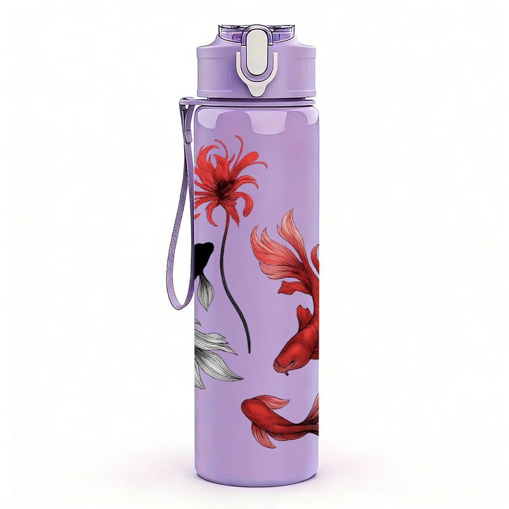 1PC Red Koi Fish And Lotus Art 750ml Color Plastic Sports Water Bottle Leakproof Flip Straw Lid Suitable for Sports Office Home Use