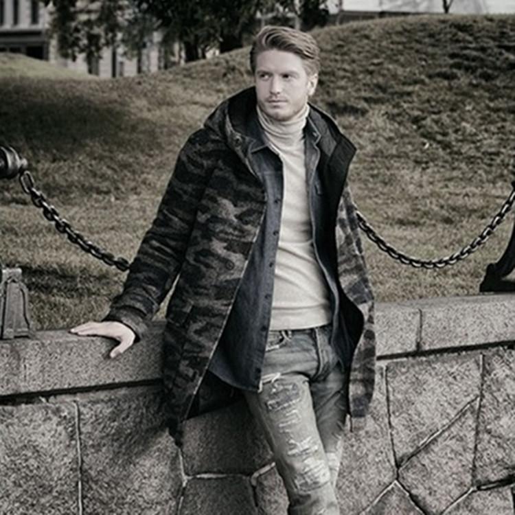 Woolen Printed Men's Coat Thermal Hooded Jacket Cotton Liner