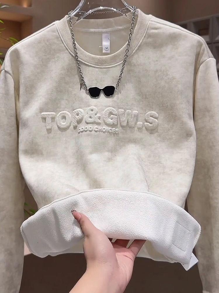 2025 Autumn/Winter Men's Fleece-Lined Pullover with Steel Stamped Lettering - Bleached Long Sleeve Casual Sweatshirt