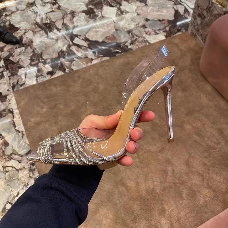Transparent sandals Baotou crossed rhinestone high heels spring and summer 2025 new back empty shallow mouth sweet banquet wedding shoes