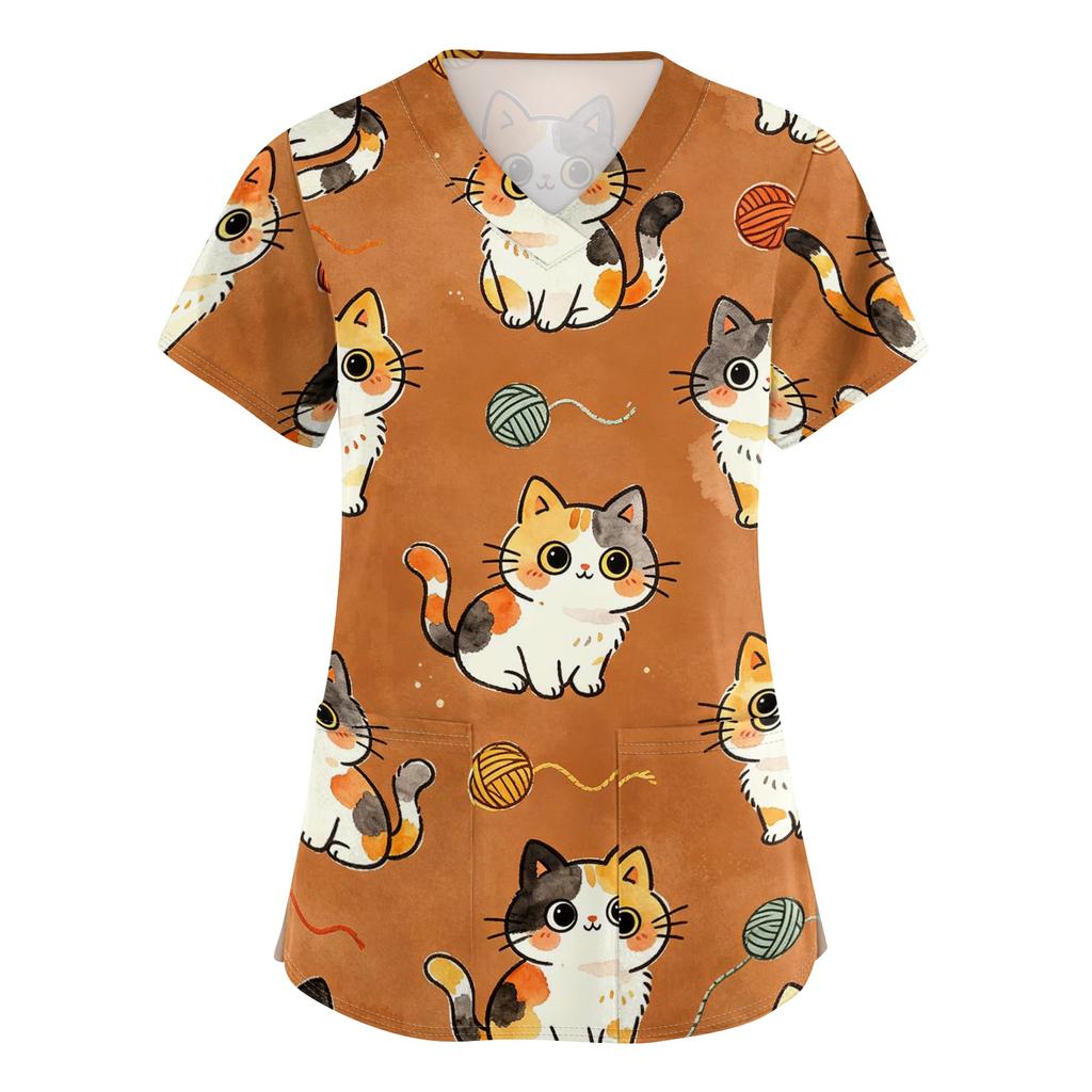Women V Neck Short Sleeve Work Top with Pockets Animal Print Medical Uniform Scrub Shirt for Healthcare Professionals Nursing Staff