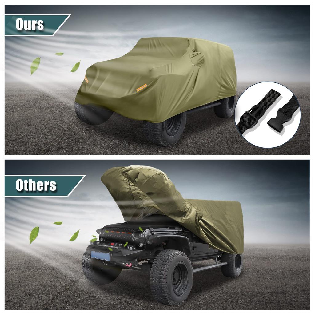 X AUTOHAUX Pokrowiec na samochód SUV dla Jeepa Wranglera Outdoor Wodoodporny i Śnieg 210D Oxford Ciemnozielony JK/JL 2-drzwiowy (2007-2021) - Słońce, Deszcz, Kurz, Wiatr,