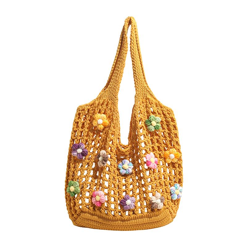 Summer Woven Woven Crochet Mesh Women's Tote Bags Hot Sale Youth Beach Casual Handbag 3D Flower Decoration Handmade Shoulder Bag