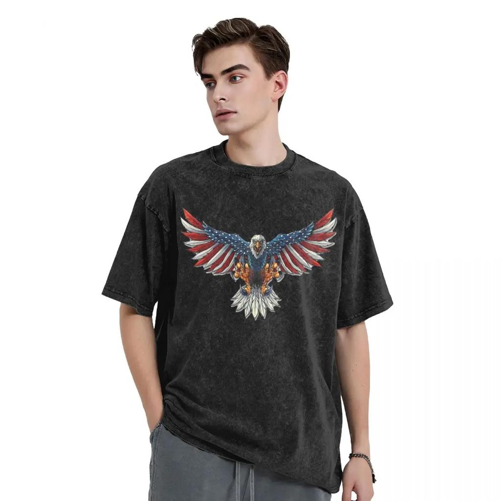 American Bald Eagle Independence Day Washed T Shirt Couple July 4th Streetwear Cotton T-Shirts O Neck Oversize Clothes
