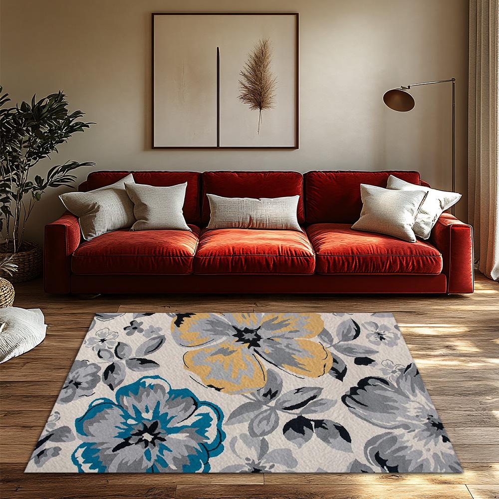 Cream Floral Bohemian Rug, Multicolor Pattern Non-Slip Carpet, Cozy Living Room Mat for Vintage Home Decor