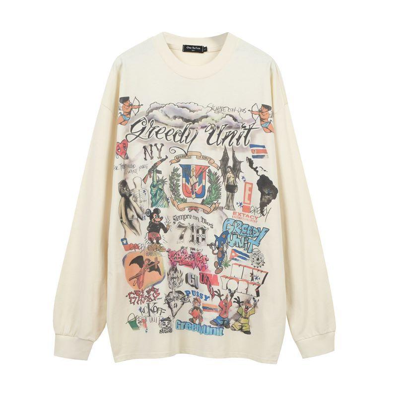 American Street Oversize Graffiti Long-Sleeved Bottom T-Shirt Men'S And Women'S Vibe Hip-Hop Trendy Long Tee Shirt