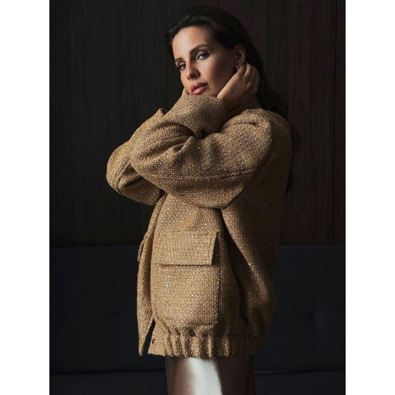 Gold Silk Sequin Jacket Female 2024 Fashion Ins New Arrival Fashionable Sequins Stand Collar Baggy Coat