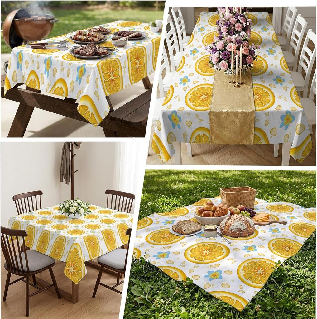 Summer Lemon Fruit Flower Leaf Rectangle Table Cloth for Table Decor Reusable Kitchen Dining Tablecloth Holiday Party Decor