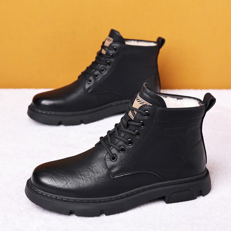 Men's Plush Genuine Leather High-Top Boots - 2024 Trendy Wool Cotton Warm Snow Work Shoes