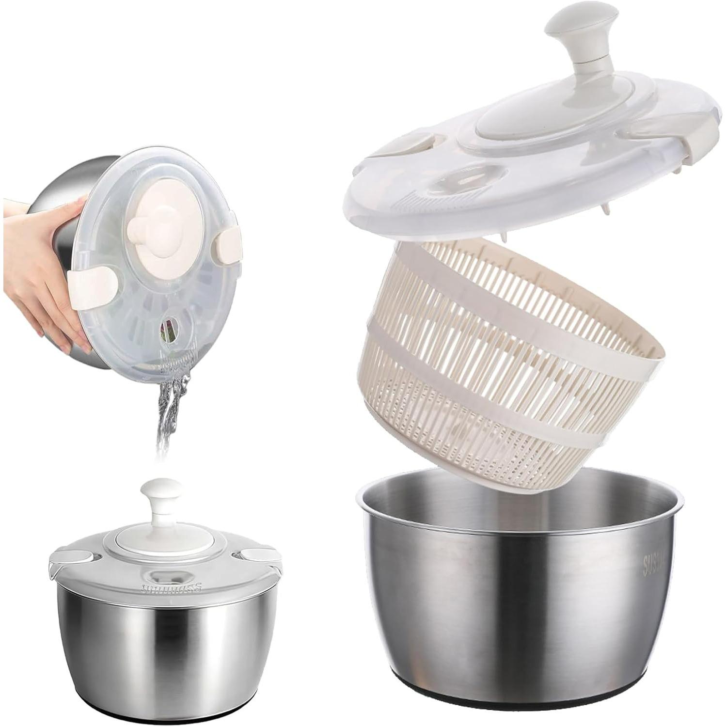 Stainless Steel Salad Spinner,6QT Lettuce Spinner,Fruit Washing Bowl with Strainer for Washing,Spinning,and Draining Greens,Fruits,and Vegetables Stainless steel