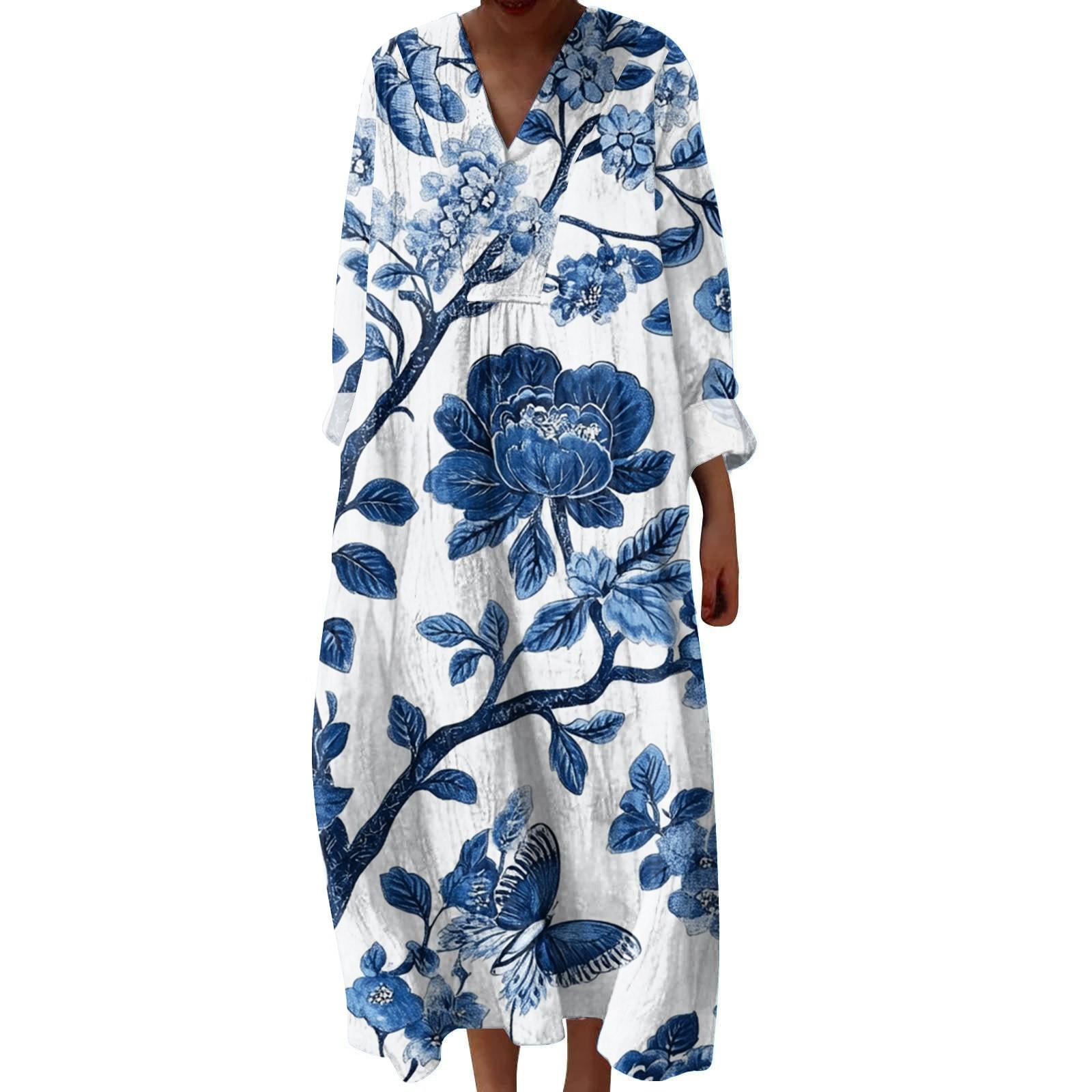 

Женское повседневное и модное платье с V-образным вырезом и цветочным принтом, с длинным рукавом L