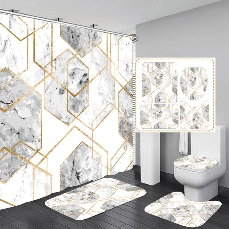 3D Marble Shower Curtain Set Non Slip Bath Rug Waterproof Bathroom  With Hooks Modern Style Toilet Lid Cover Home Decor