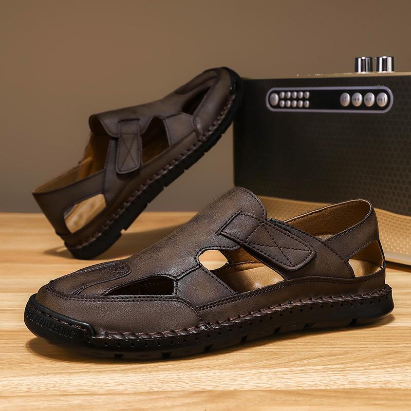 Fashion New Style Men's Sandals Summer Leather Hollow Out Shoes Outdoor Leisure Sports Beach Flats Male Mesh Footwear Wading Aqua Shoes