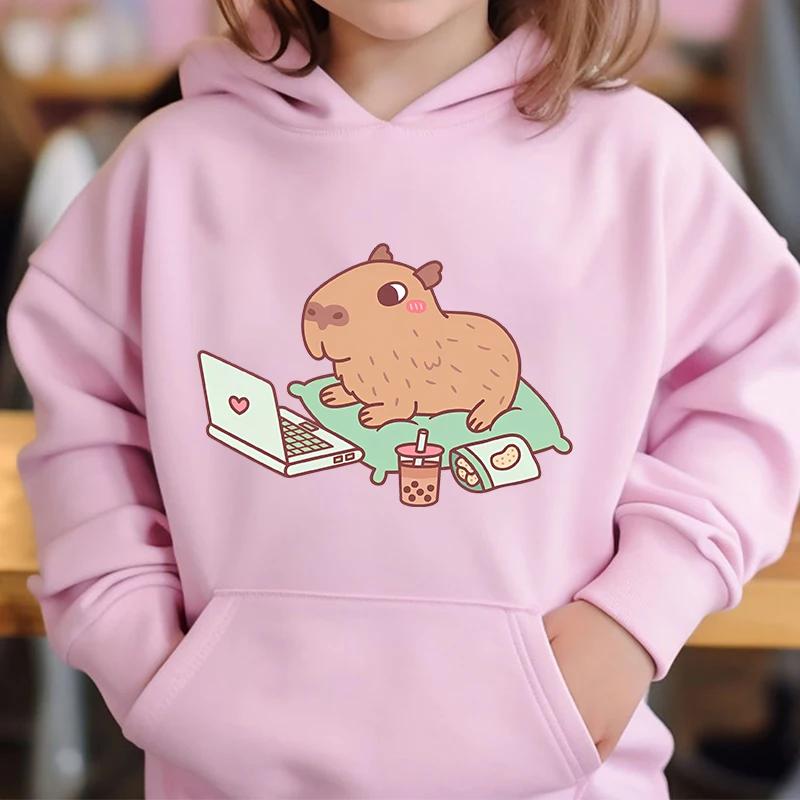 Cute Capybara Loves Bubble Tea Children's Hoodie Pink Autumn and Winter Girl's Top