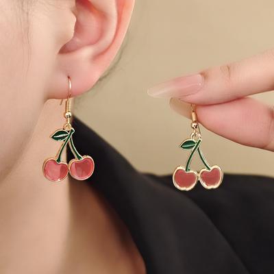 Small Fresh Cherry Earrings Women'S Niche Design Simple Temperament Dripping Oil Love Stud Earrings
