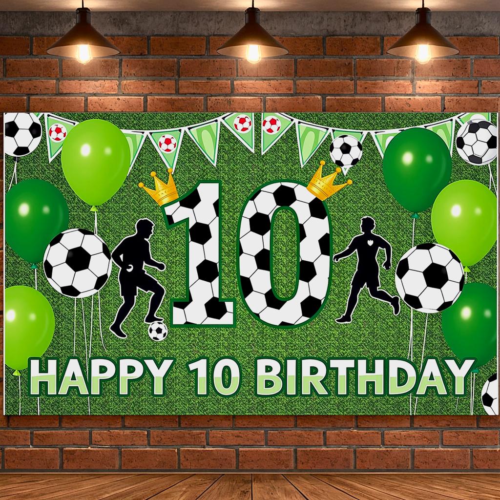 Soccer Themed Happy 10th Birthday Banner Sports Style Birthday Party Decoration Backdrop Photo Background for Celebration Events