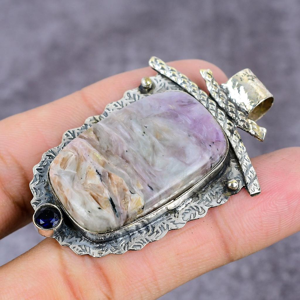 Natural Charoite, Blue Topaz Handmade 925 Sterling Silver Pendant 2.28" B5b72