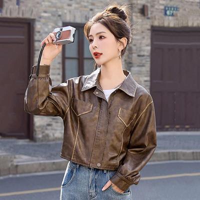 Hong Kong Style Leather Jacket for Women, New Style, Stylish Design, Retro Motorcycle Leather Jacket, Short Top for Small People