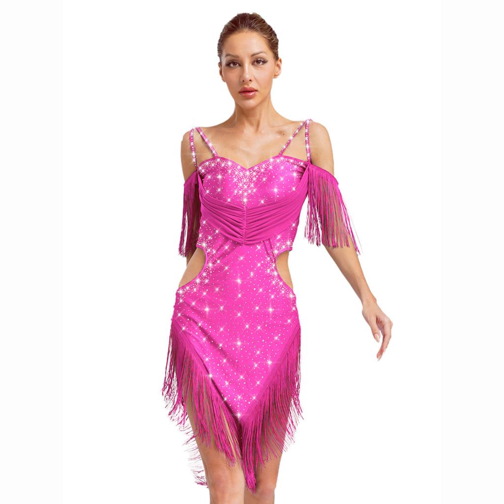 Womens Latin Dance Performance Costume Backless Cutout Design Spaghetti Straps Fringe Rhinestones Dress