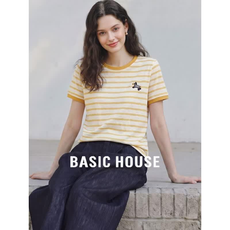Basic House Women s Yellow Stripe Cartoon Embroidery Short-Sleeve T-Shirt One Size