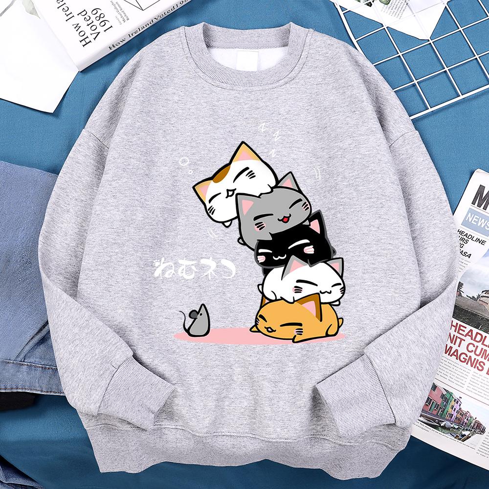 Cute Stacked Cats Sleeping Don'T See The Mouse Women Unisex Clothing Anime Pullover Hoodies Loose Fleece Hoody Casual O-Neck Streetwear