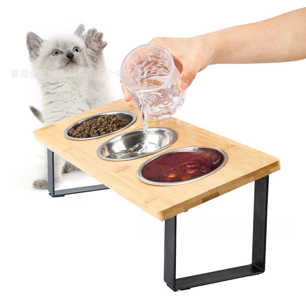 Wooden Pet Bowl Stand Ironwood Combined Double Bowl Cat and Dog Food Bowl Rack Heightened Cervical Protection Feeding Device