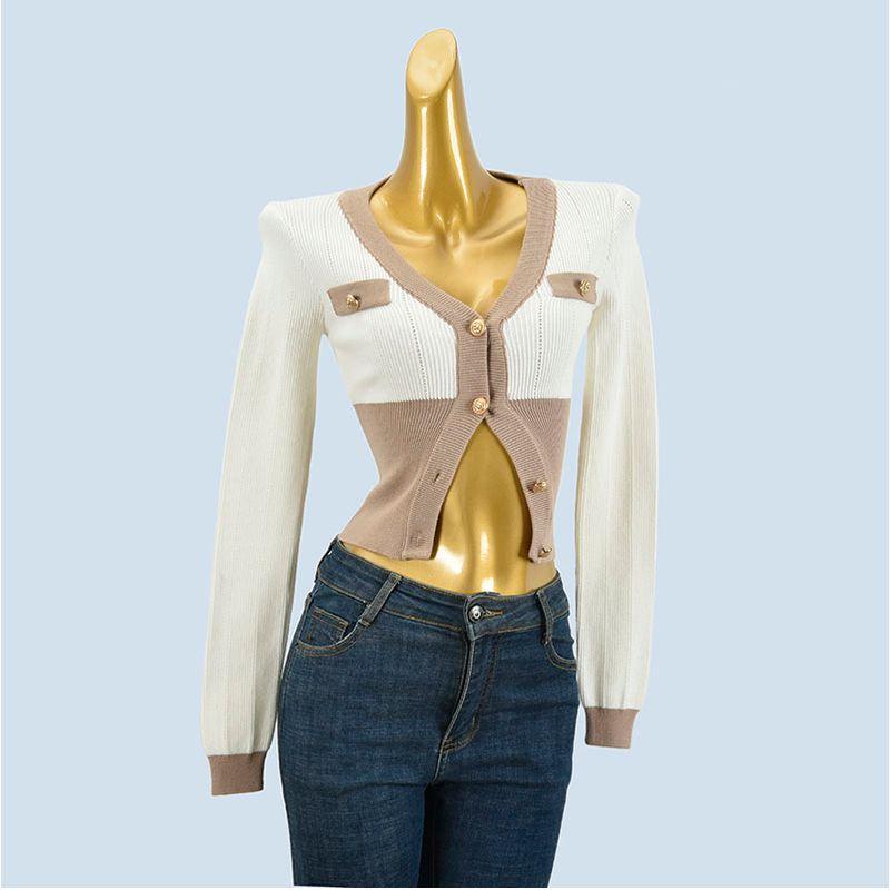 V-neck Sexy Sweater Thick Short High Waist Breasted Tight Cardigan Color Matching Classic Style Metal Buckle Outer Wear for Women