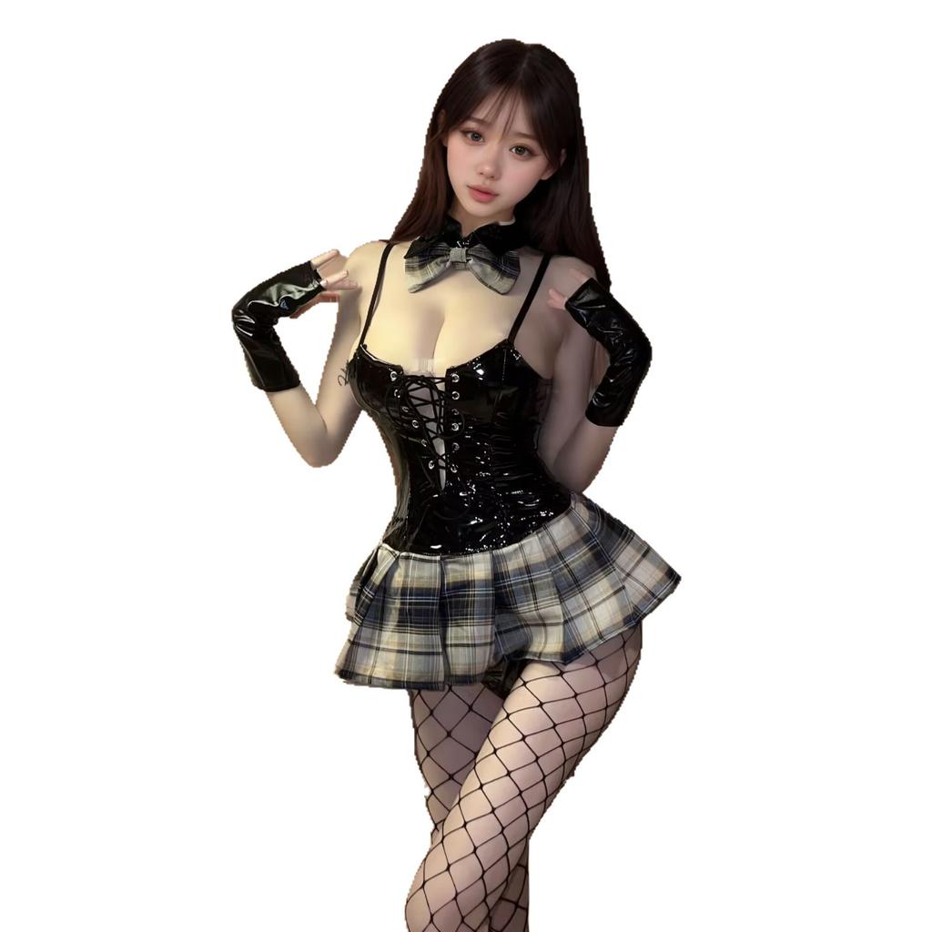 Sexuality Pure Desire Cosplay Seduction Glamour Patent Leather Hare Suspender Plaid Skirt