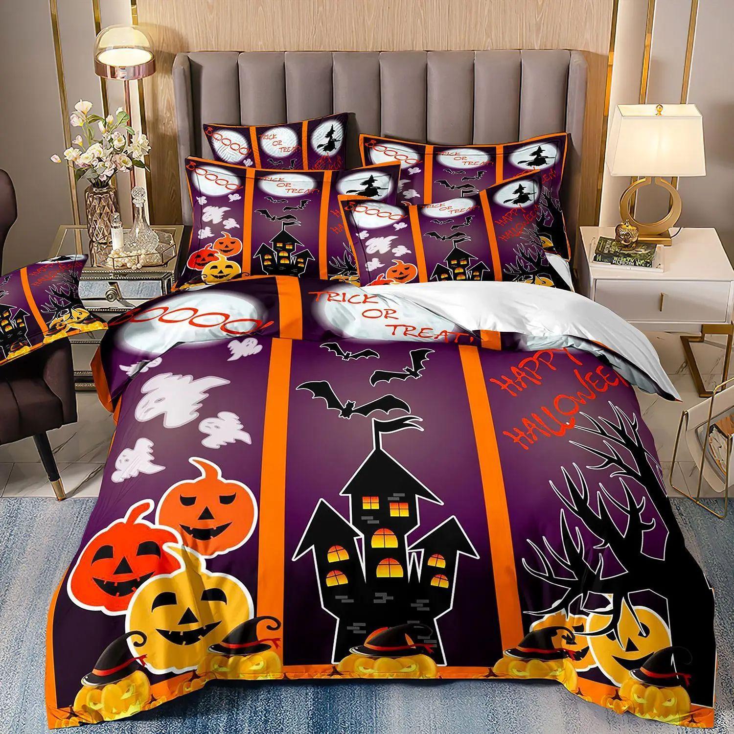 Halloween duvet cover 3D digital printing bedding three-piece set pumpkin bat pillowcase 135 * 200 (two-piece set)