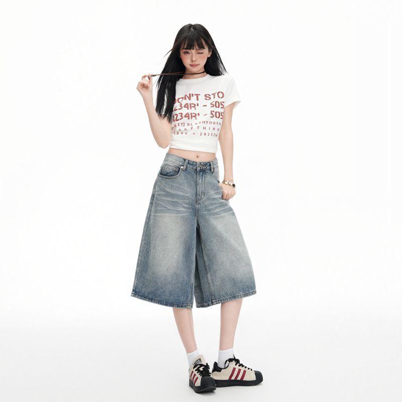 Trendy Summer Light Blue Designer Washed Loose Straight Wide Leg Cropped Capri Denim Shorts For Women Versatile Slimming AllMatch Casual Capri Pants