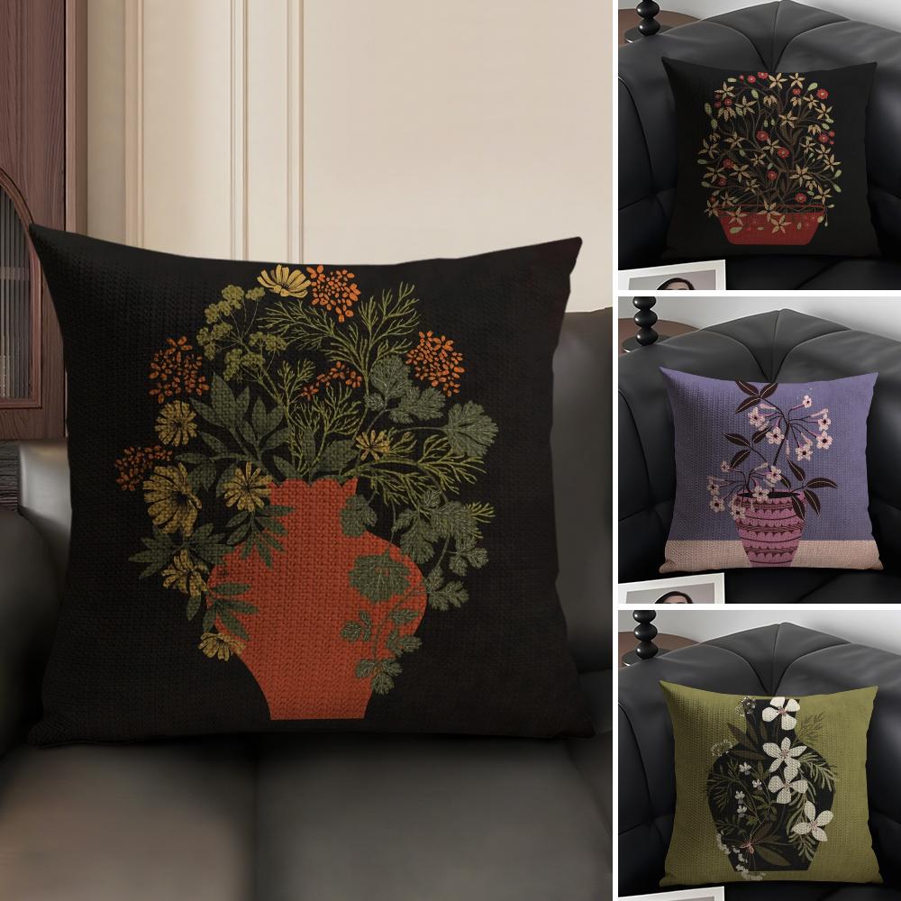1PC Classic Vintage Vase Cushion Cover Natural Linen Organic Fabric DoubleSided Printing Sofa Home Decor Gift Pillow Case