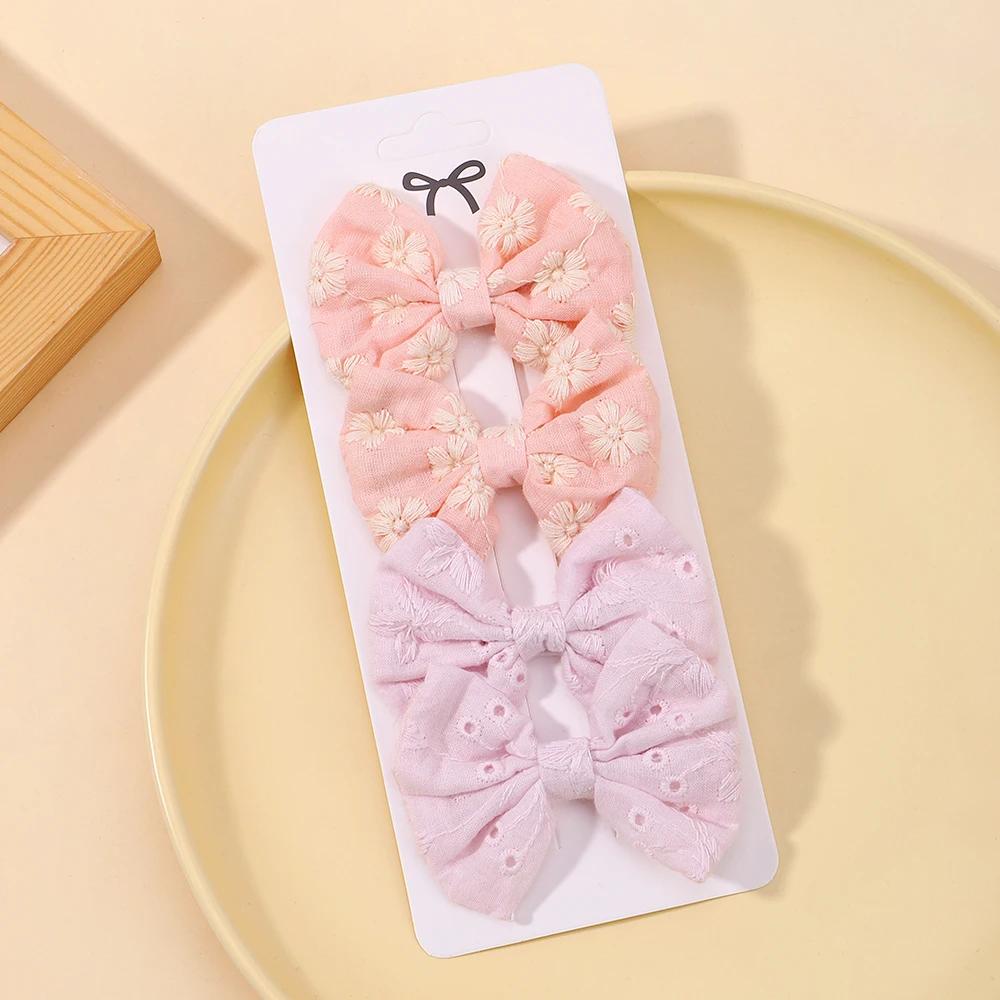 4Pcs/Set Lovely Cotton Bowknot Clips Safe Hairpins Girl Fresh Pastoral Hairclips Baby Hair Accessories Kids Print Hairgripe Gift