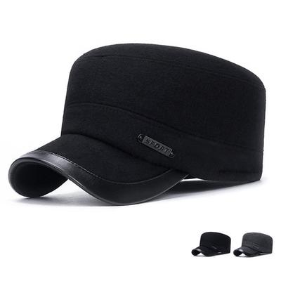 Mens Wool Winter Cap Flat Top Leather Brim Trucker Hat Men's Military Hats Warm Cap With Ear Flaps