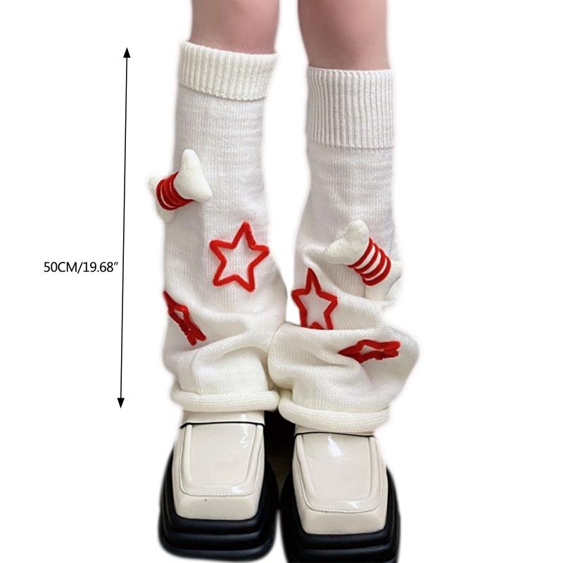 Meias longas Lolita femininas para outono e inverno, aquecedores de perna estilo Harajuku, adoráveis, com pequenos ossos em 3D e estrelas tricotadas, polainas para botas.