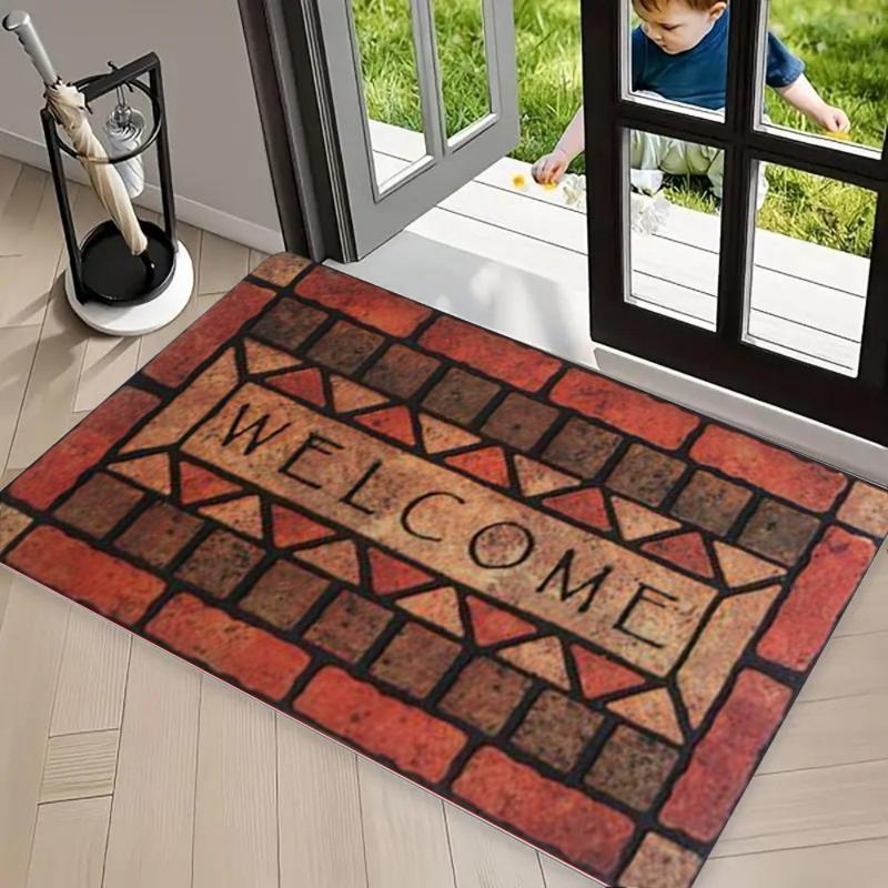 Vintage Stone Mosaic Welcome Print Doormat, Non Slip Entrance Rug, Durable Washable Floor Mat for Front Door Porch Patio Decor