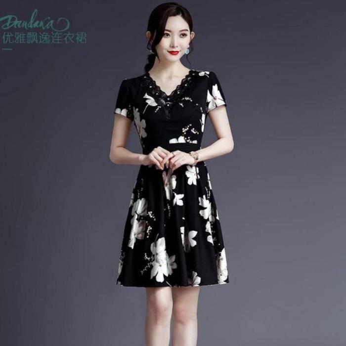 

Summer new lace-up slim-fitting waist printing V temperament short-sleeved large-size fashion Korean version of thin dress for women M